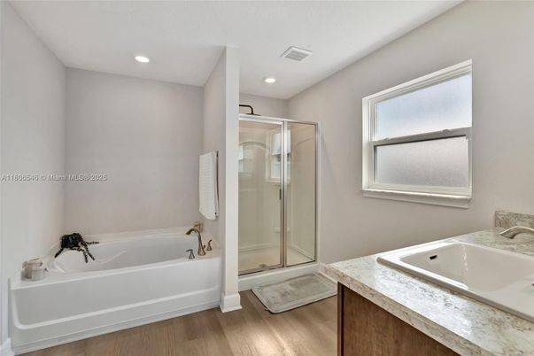 Bathroom, Glass Shower, Interior, Recessed Lighting, Wood Texture Flooring