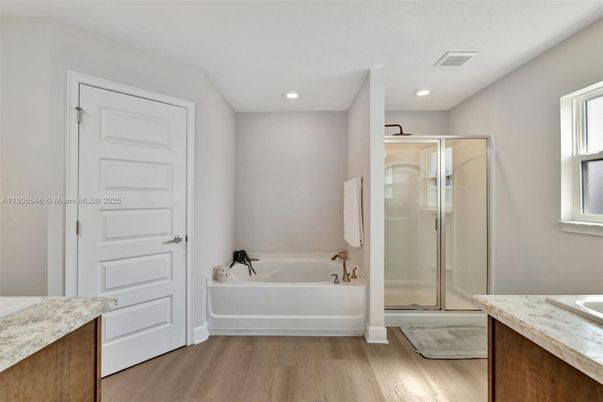 Bathroom, Glass Shower, Interior, Recessed Lighting, Wood Texture Flooring