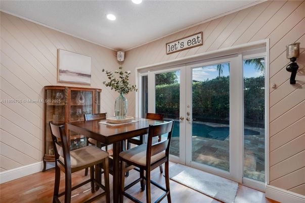 Dining room, Interior, Recessed Lighting, Wood Texture Flooring