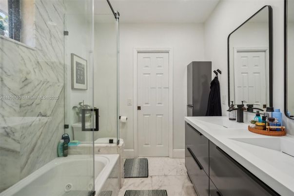 Bathroom, Dual Sink Vanities, Glass Shower, Interior, Marble, Marble Walls