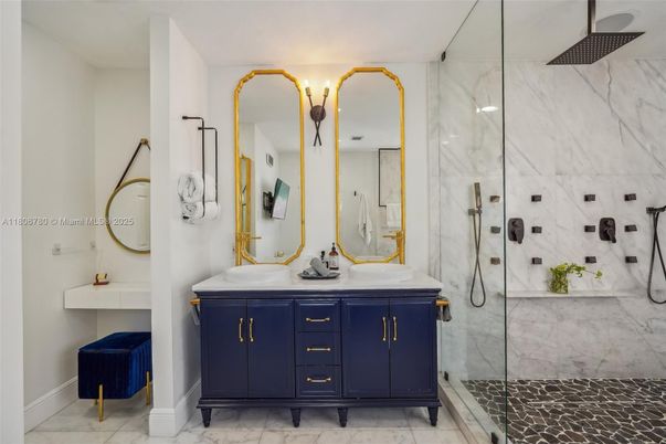 Bathroom, Dual Sink Vanities, Glass Shower, Interior, Marble, Marble Walls