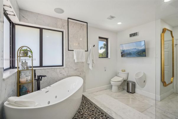 Bathroom, Free Standing Baths, Glass Shower, Interior, Marble, Marble Walls, Recessed Lighting