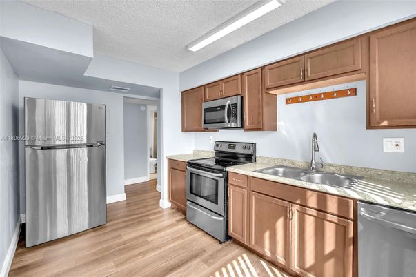 Interior, Kitchen, Stainless Steel Appliances, Wood Texture Flooring