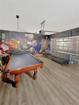 Billiard Table, Game Room, Interior, Pendant Lights, Wood Texture Flooring