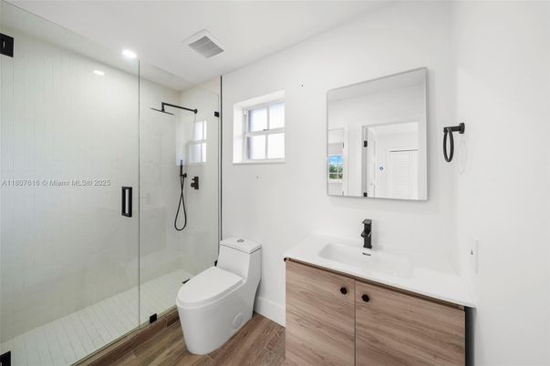 Bathroom, Glass Shower, Interior, Recessed Lighting, Wood Texture Flooring