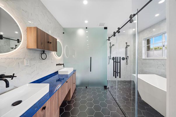 Bathroom, Dual Sink Vanities, Glass Shower, Interior, Recessed Lighting