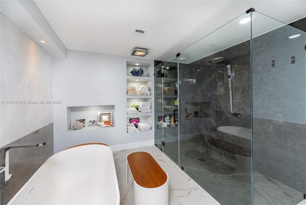 Bathroom, Free Standing Baths, Glass Shower, Interior, Marble, Marble Walls, Recessed Lighting