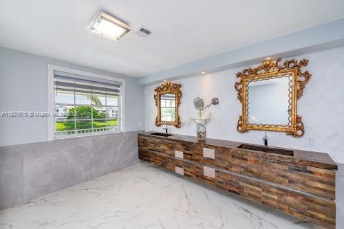 Bathroom, Dual Sink Vanities, Interior, Marble, Recessed Lighting