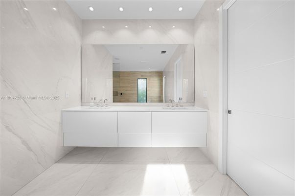 Bathroom, Dual Sink Vanities, Interior, Marble, Recessed Lighting