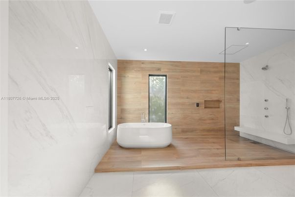 Bathroom, Free Standing Baths, Glass Shower, Interior, Marble Walls, Recessed Lighting, Wooden Walls