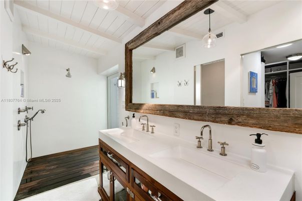 Bathroom, Dual Sink Vanities, Interior, Pendant Lights, Wooden Beams, Wood Texture Flooring