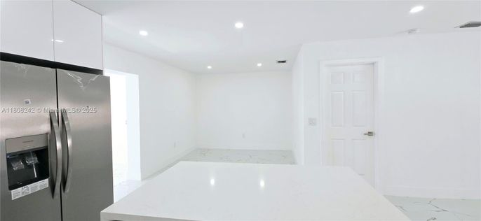 Empty room, Interior, Kitchen, Marble, Recessed Lighting, Stainless Steel Appliances