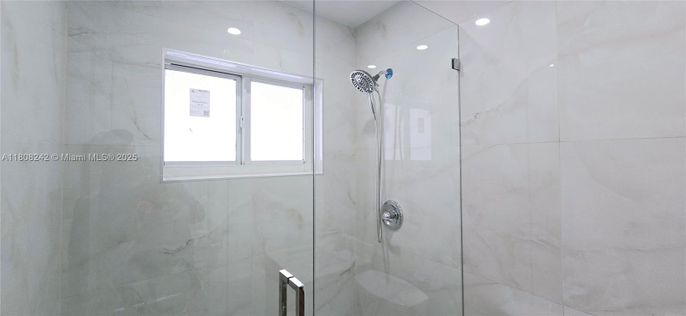 Bathroom, Glass Shower, Interior, Marble Walls, Recessed Lighting