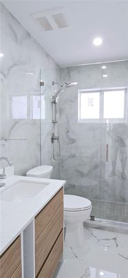 Bathroom, Glass Shower, Interior, Marble, Marble Walls, Recessed Lighting
