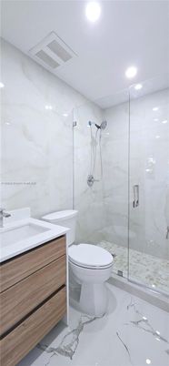Bathroom, Glass Shower, Interior, Marble, Marble Walls, Recessed Lighting