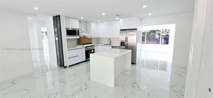 Interior, Kitchen, Marble, Recessed Lighting, Stainless Steel Appliances