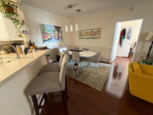 Dining room, Interior, Pendant Lights, Wood Texture Flooring