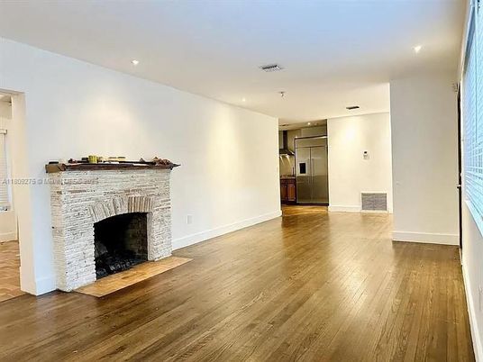 Empty room, Fireplace, Interior, Recessed Lighting, Wood Texture Flooring