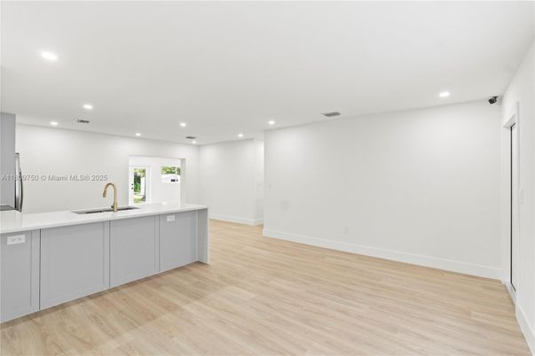 Empty room, Interior, Kitchen, Recessed Lighting, Wood Texture Flooring