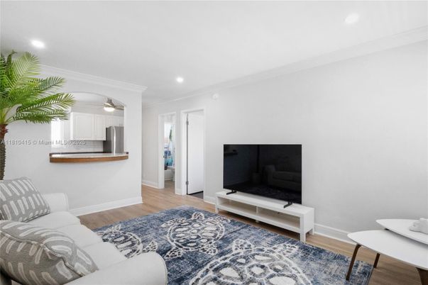 Interior, Kitchen, Living room, Recessed Lighting, Stainless Steel Appliances, Wood Texture Flooring