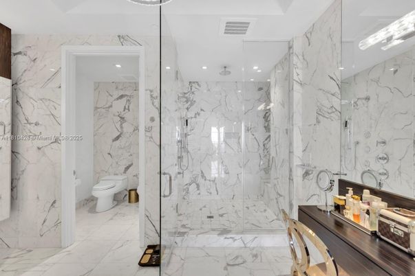Bathroom, Glass Shower, Interior, Marble, Marble Walls, Recessed Lighting