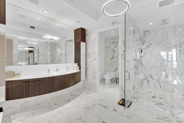 Bathroom, Glass Shower, Interior, Marble, Marble Walls, Pendant Lights, Recessed Lighting