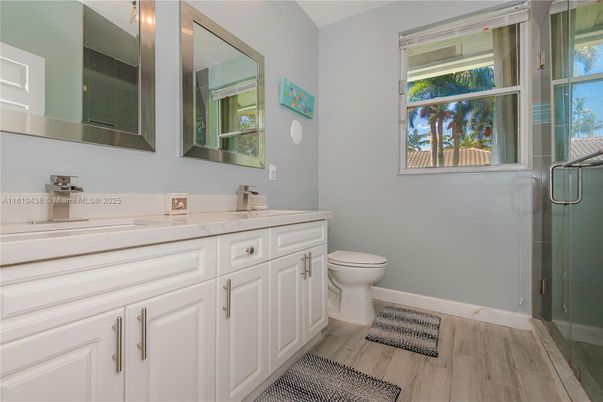 Bathroom, Glass Shower, Interior, Wood Texture Flooring
