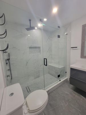 Bathroom, Glass Shower, Interior, Marble Walls, Recessed Lighting