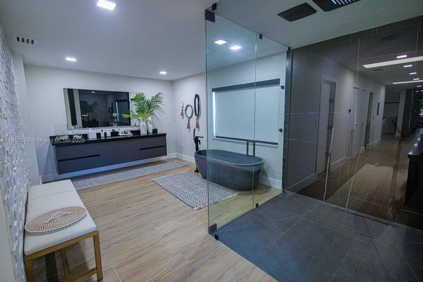 Bathroom, Glass Shower, Interior, Recessed Lighting, Wood Texture Flooring