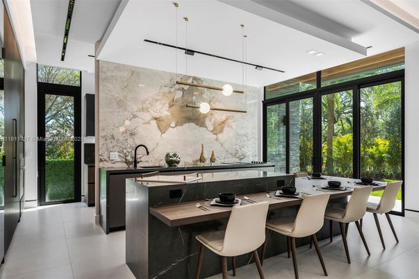 Interior, Kitchen, Marble Walls, Pendant Lights