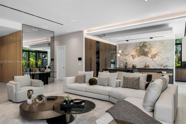 Interior, Living room, Marble Walls, Pendant Lights, Recessed Lighting