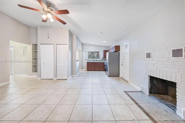 Empty room, Fireplace, Interior, Kitchen, Recessed Lighting, Stone Walls