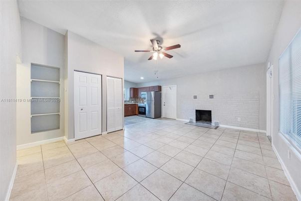 Empty room, Fireplace, Interior, Kitchen, Recessed Lighting, Stone Walls
