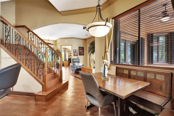 Dining room, Interior, Pendant Lights, Wood Texture Flooring