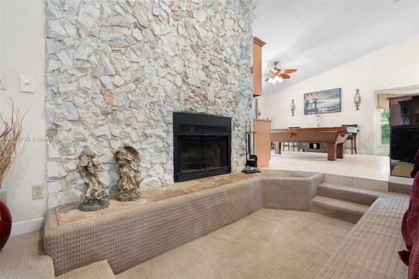 Billiard Table, Fireplace, Game Room, Interior, Living room, Piano, Stone Walls