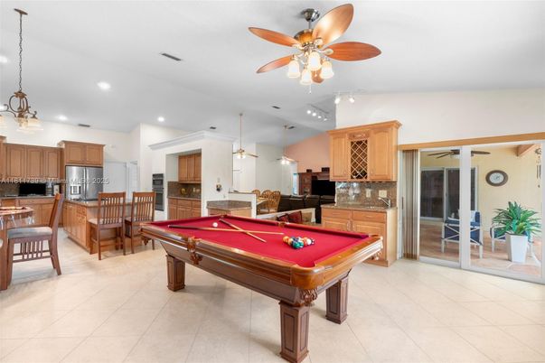 Billiard Table, Dining room, Game Room, Interior, Kitchen, Pendant Lights, Recessed Lighting, Stainless Steel Appliances