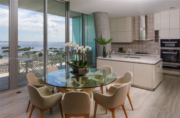 Dining room, Interior, Kitchen, Recessed Lighting, Stainless Steel Appliances, Water, Wood Texture Flooring
