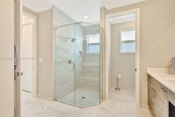 Bathroom, Glass Shower, Interior, Marble, Marble Walls, Recessed Lighting