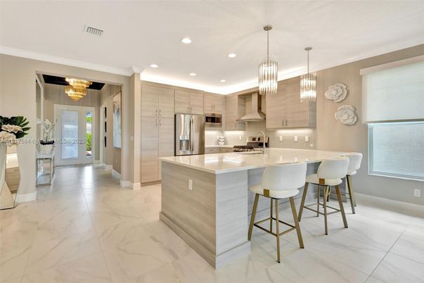 Interior, Kitchen, Marble, Pendant Lights, Recessed Lighting, Stainless Steel Appliances