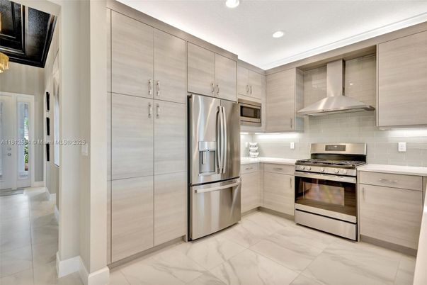 Interior, Kitchen, Marble, Recessed Lighting, Stainless Steel Appliances