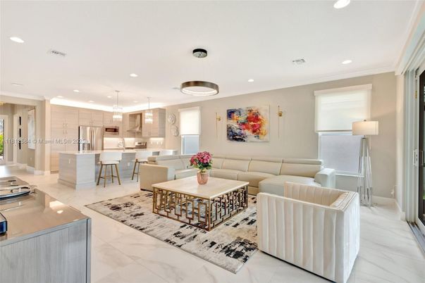Interior, Kitchen, Living room, Marble, Pendant Lights, Recessed Lighting, Stainless Steel Appliances
