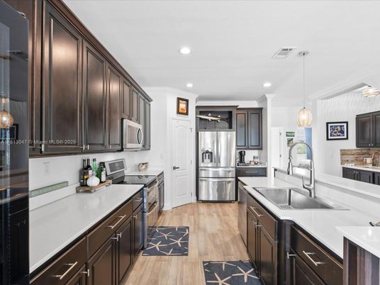 Interior, Kitchen, Pendant Lights, Recessed Lighting, Stainless Steel Appliances, Wood Texture Flooring