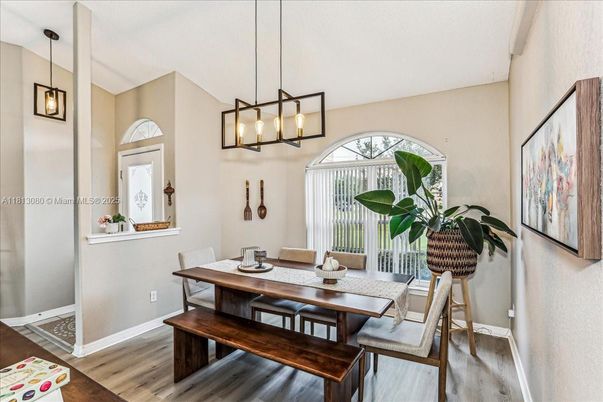 Dining room, Interior, Pendant Lights, Wood Texture Flooring