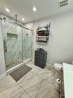 Bathroom, Glass Shower, Interior, Marble, Marble Walls, Recessed Lighting