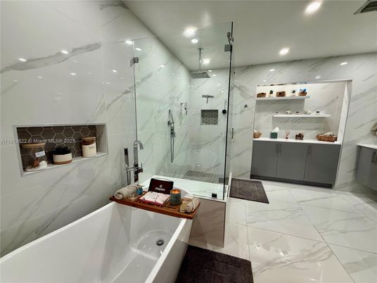 Bathroom, Glass Shower, Interior, Marble, Marble Walls, Recessed Lighting
