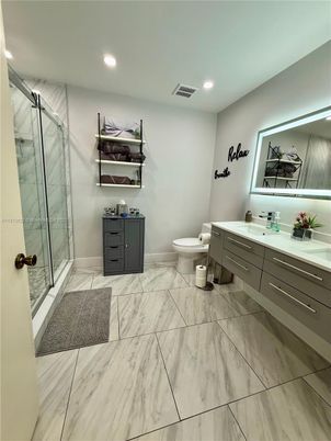 Bathroom, Glass Shower, Interior, Marble, Recessed Lighting