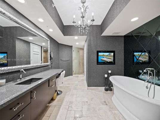 Bathroom, Chandelier, Dual Sink Vanities, Free Standing Baths, Interior, Recessed Lighting