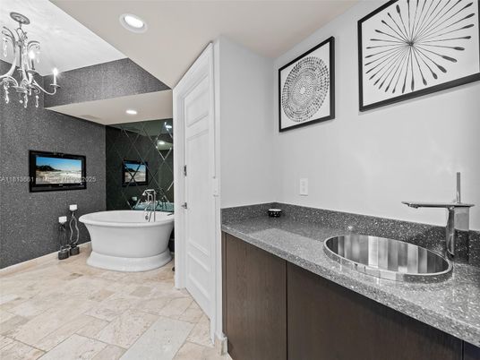 Bathroom, Chandelier, Dual Sink Vanities, Free Standing Baths, Interior, Recessed Lighting