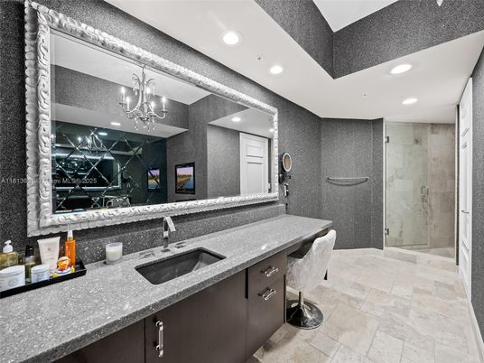 Bathroom, Chandelier, Glass Shower, Interior, Recessed Lighting