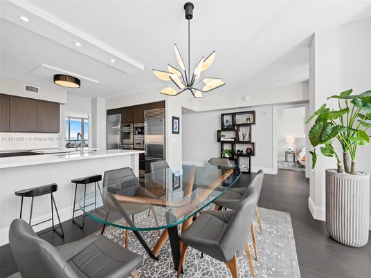 Dining room, Interior, Kitchen, Pendant Lights, Recessed Lighting, Stainless Steel Appliances, Wood Texture Flooring